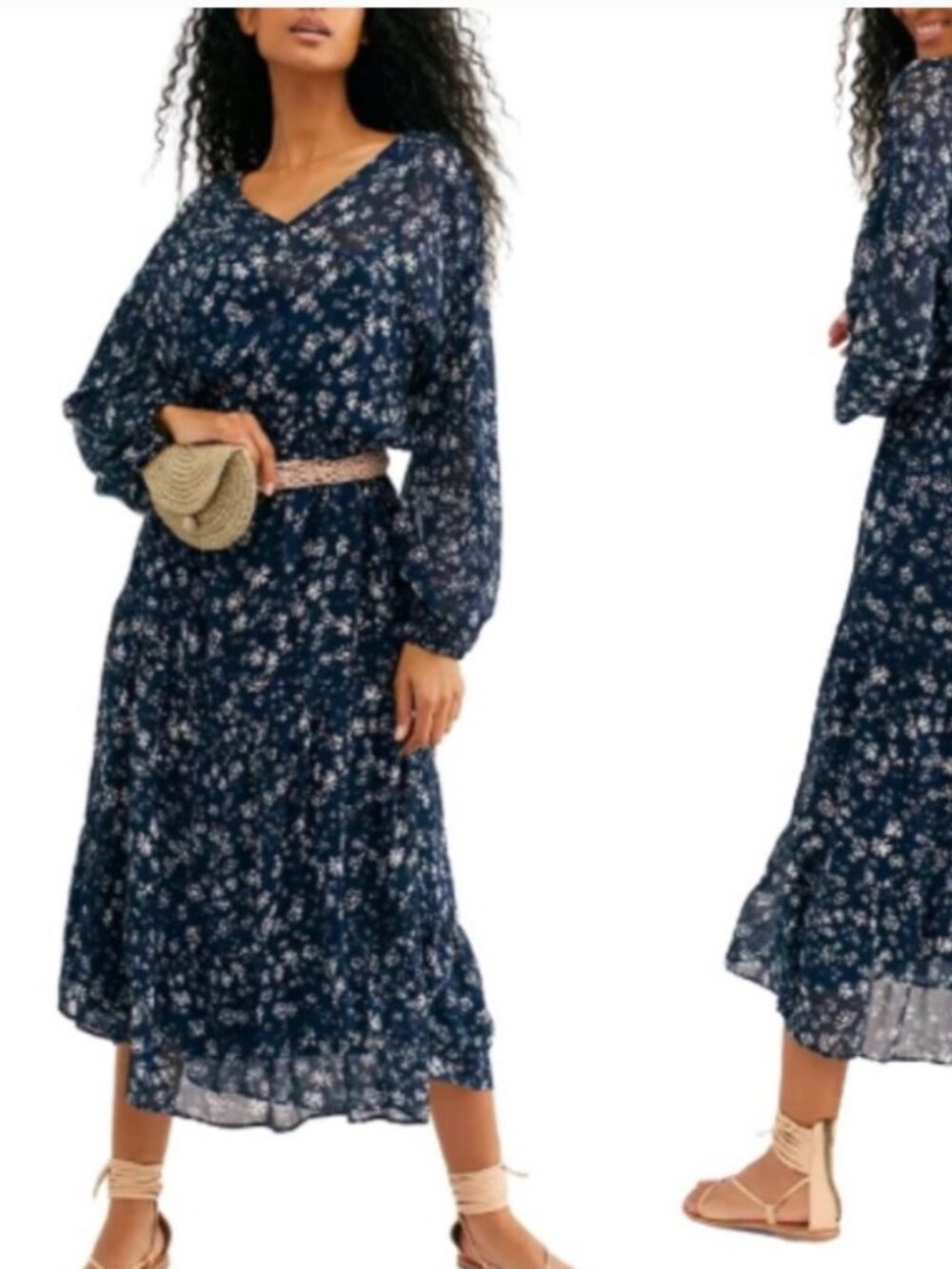 EUC Free People blue floral maxi dress size medium sheer boho